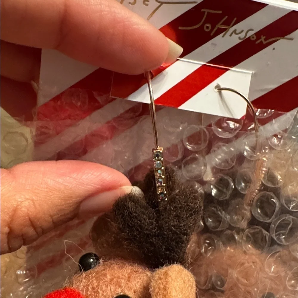 NWT BETSEY JOHNSON Plush Felt Rudolph Red Nose Reindeer Drop Earrings Christmas